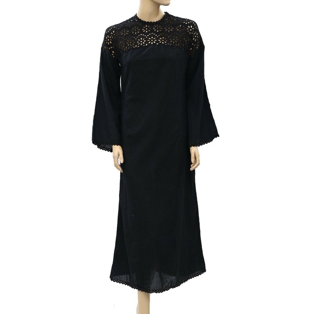 Doen Eyelet Embroidered Black Long Maxi Dress Cotton Bell Sleeve XS/S, New